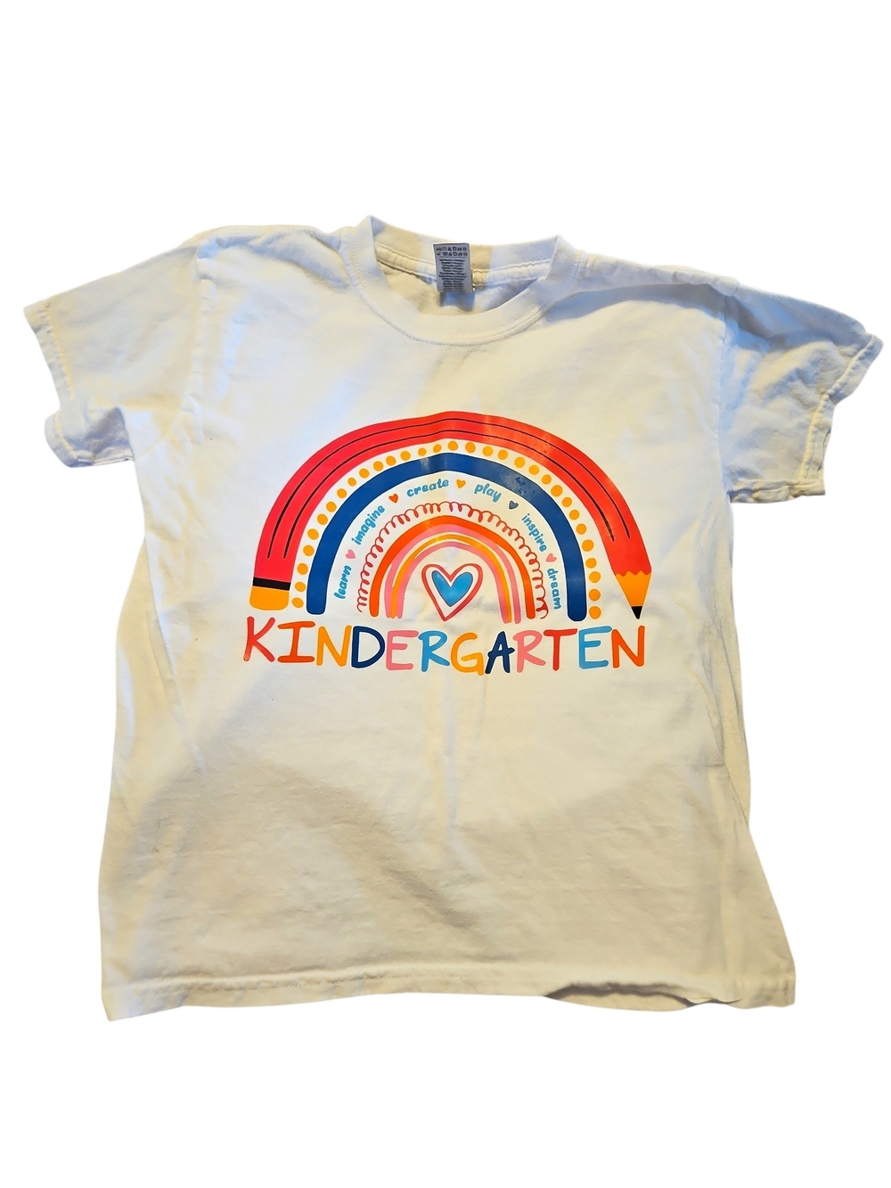 Kindergarten Rainbow Graphic Tee - White Gildan Size Small Youth Pink Blue Heart